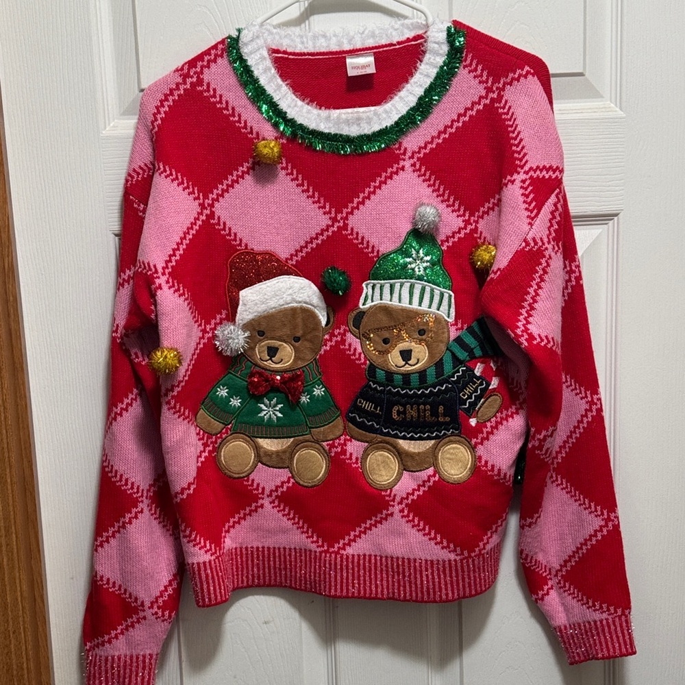 Holiday Time Festive Bear Sweater - Red, Pink, and Green